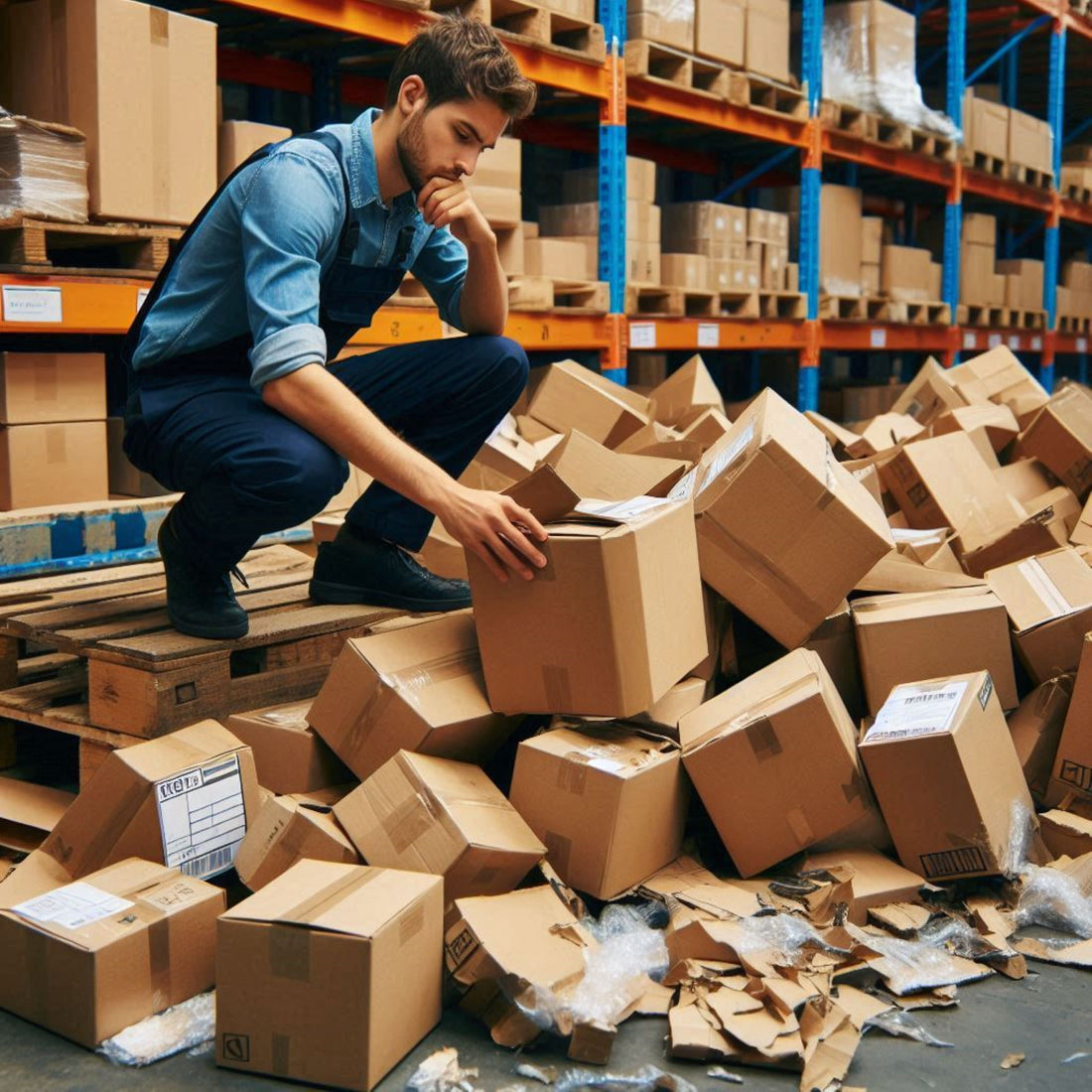 &lt;Young bearded warehouse operator dressed in blue sorting and reprocessing a pile of damaged boxes containing dietary supplements that have fallen off a pallet. Credit&gt; Freepik