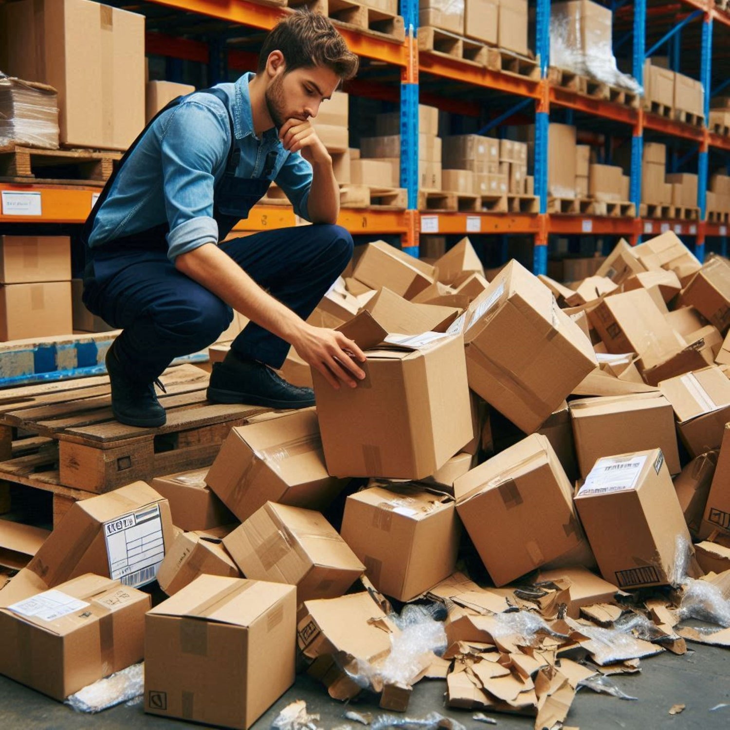 &lt;Male warehouse operator searching through a pile of fallen and damaged boxes. Credit&gt; Freepik