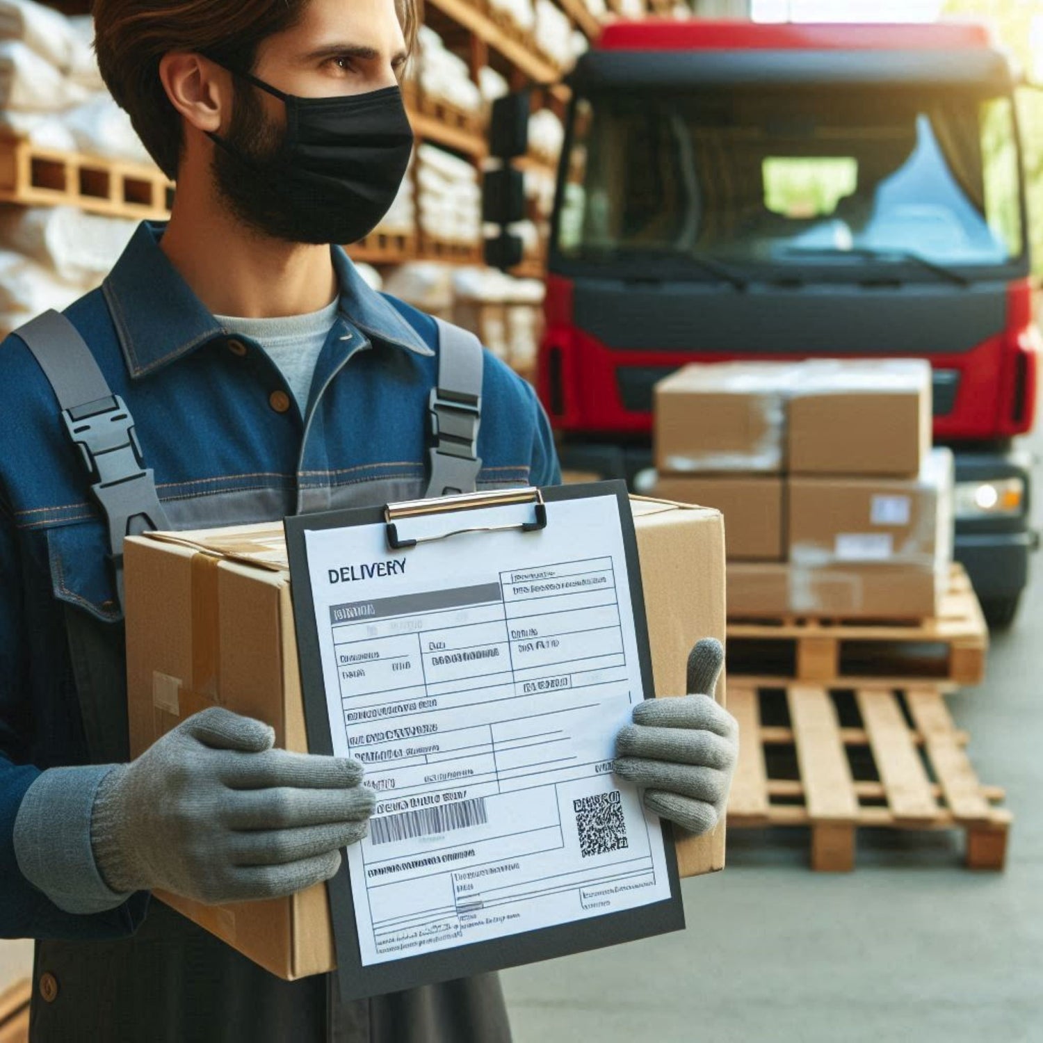 &lt;Male warehouse operator dressed in blue holding a cardboard box and delivery note for signature in front of warehouse racking and a  red lorry that has just delivered a pallet of boxes of dietary supplement components. Credit&gt; Freepik