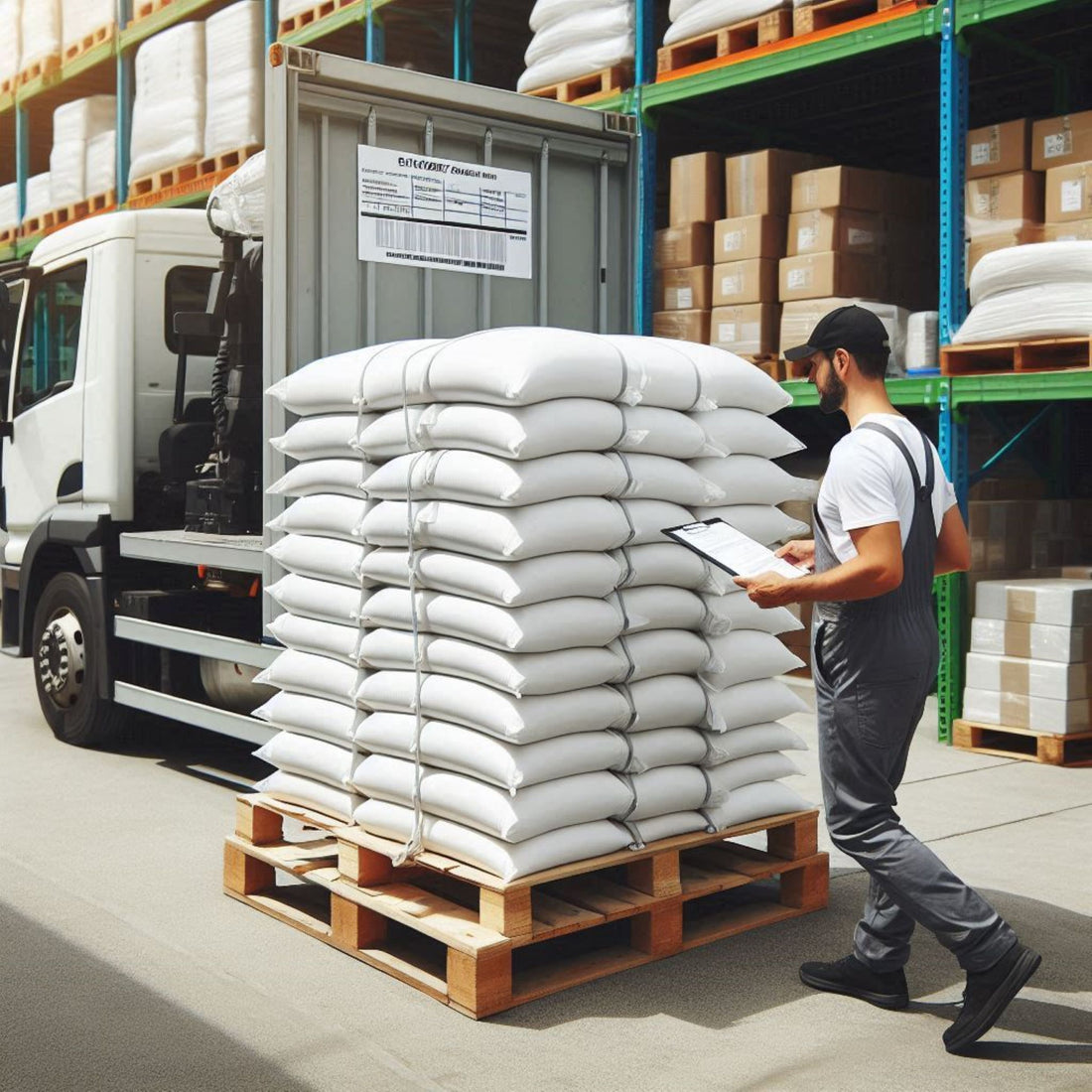 &lt;Bearded warehouse operator wearing grey overalls and bump cap checking a delivery note for a pallet of white sacks of powdered raw material in front of racking with cardboard boxes. Credit&gt; Freepik