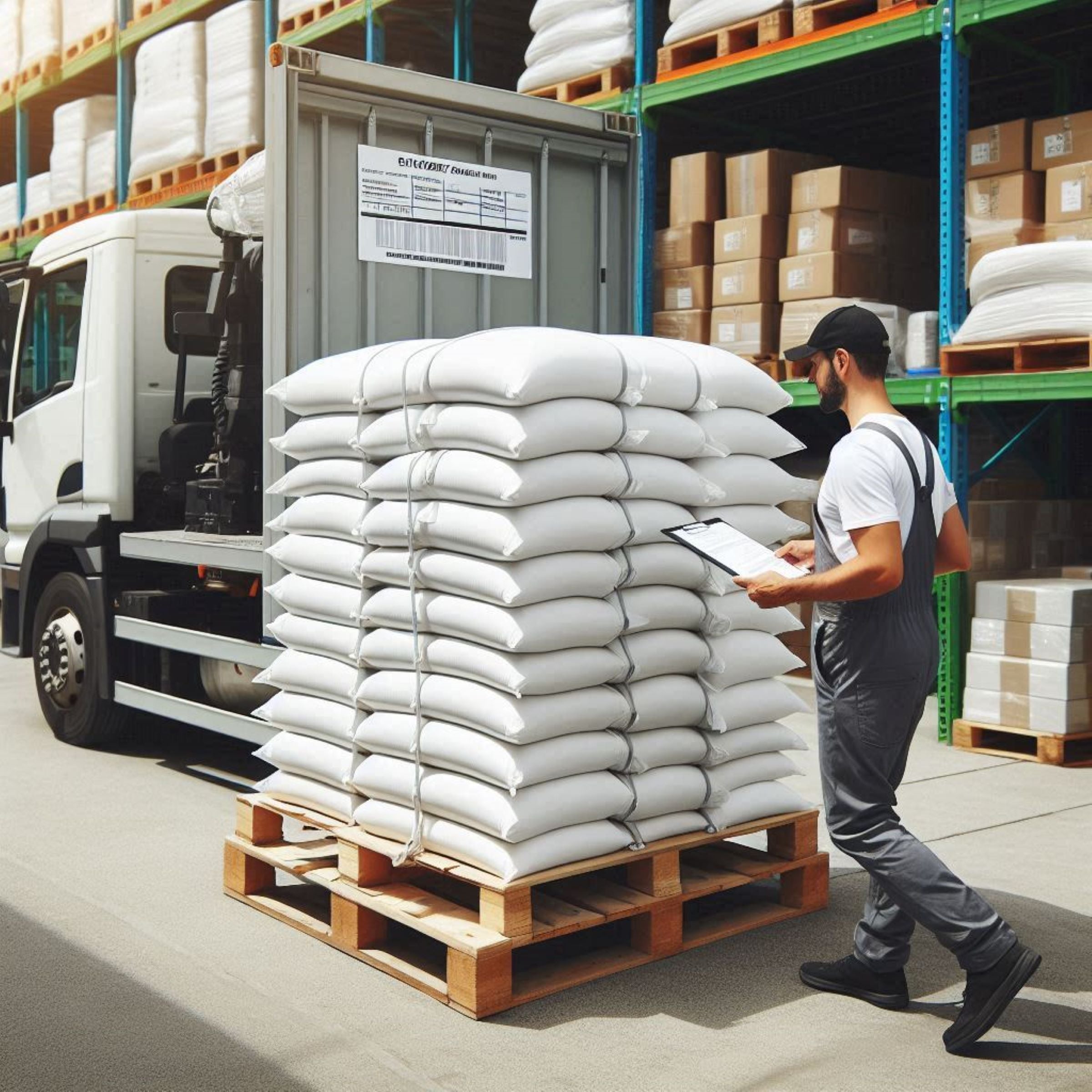 &lt;Male warehouse operator receiving a delivery note and wooden pallet loaded with 20 Kg white sacks of powdered materials next to some racking with cardboard boxes. Credit&gt; Freepik