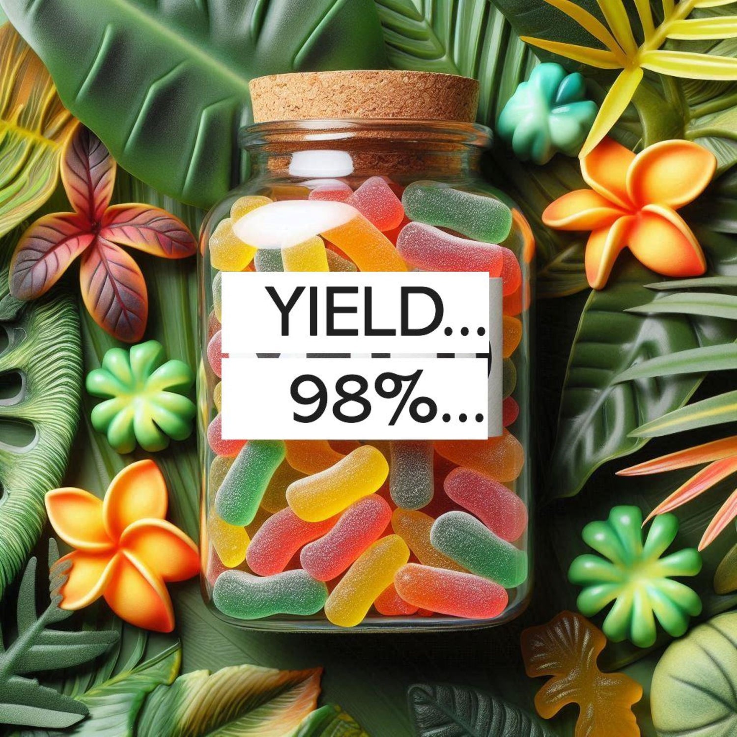 &lt;Square glass jar with cork lid, full of red, green, yellow and orange frosted gummies, lying on a bed of tropical leaves and labelled with Yield, a requirement of a batch production record, and 98% as the result. Credit&gt; Freepik