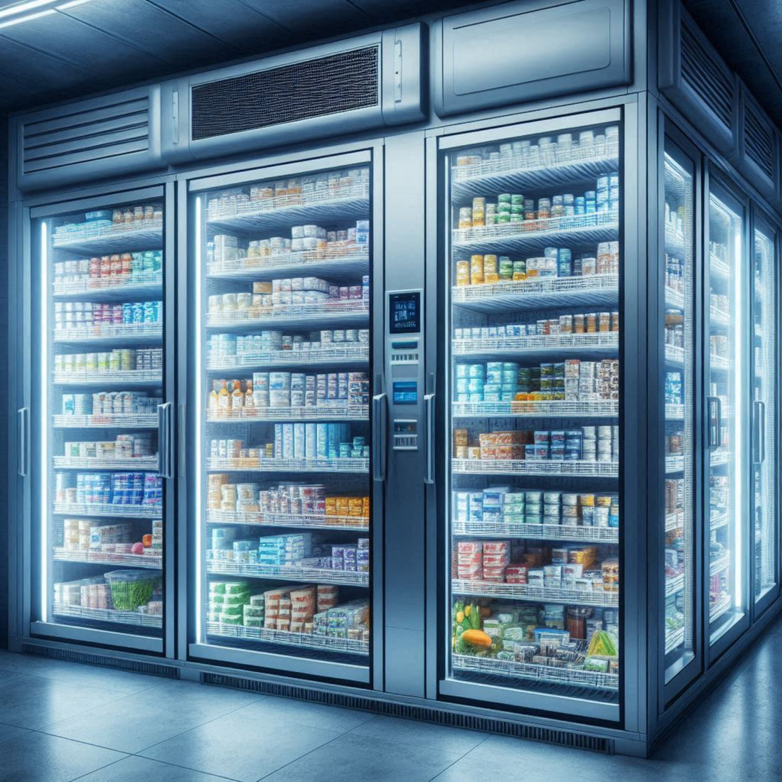 &lt;Three by three,  large, full refrigerated glass chamber doors for stability testing dietary supplements at cold temperatures for their shelf life. Credit&gt; Freepik