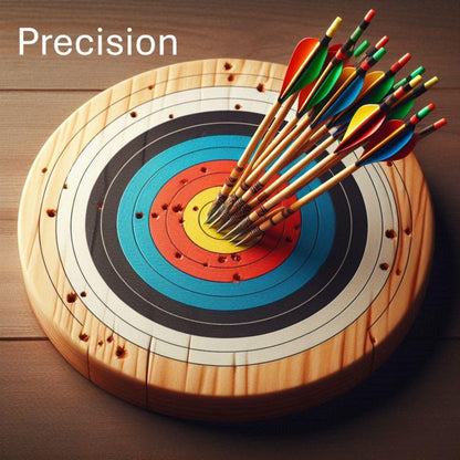 &lt;Archery target on round wooden board with over 10 arrows red, blue, yellow, and green in the middle centre ring, representing Precision. Credit&gt; Freepik