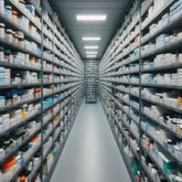 <Large walk in, real time, 25 degree C and 60% relative humidity stability room, with two rows of twelve shelves full of medicine samples on either side of a central walkway one meter wide. Credit> Freepik