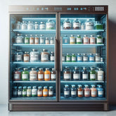 <Double glass door and silver frame refrigerator, for stability studies, full of jars of capsule and gummy dietary supplements for evaluating shelf life. Credit> Freepik 