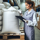 <Female warehouse operator, wearing lilac coloured overall and white gloves, taking a sample of white powder in a plastic bottle from a large white plastic sack. Credit> Freepik