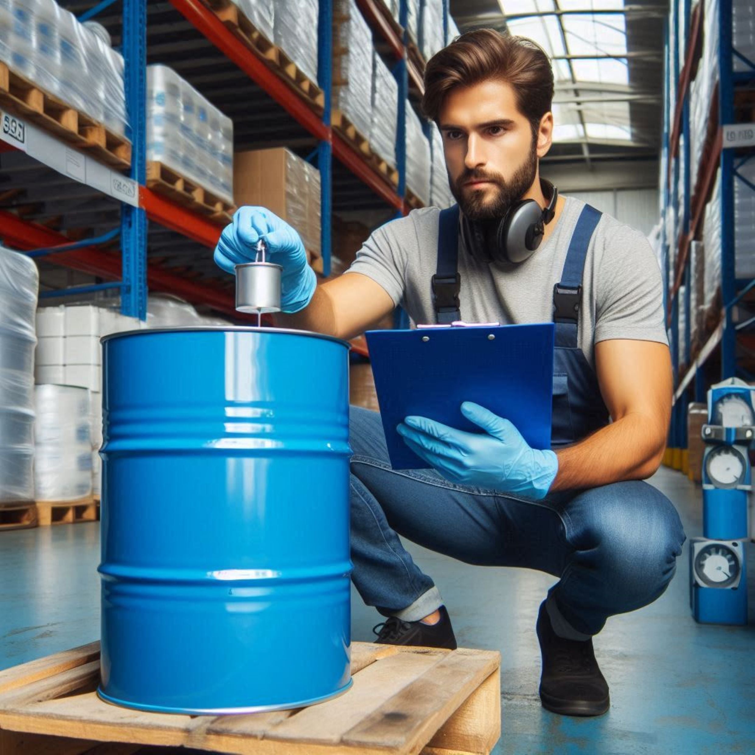 &lt;Cartoon drawing of bearded warehouse operator, wearing blue gloves, holding a clipboard and taking a liquid sample from a blue drum on a small wooden pallet. Credit&gt; Freepik