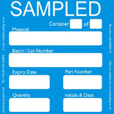 <Formatted sampled label to clearly  record container number, material, lot, expiry, part number, quantity, initials and date. Credit> Sampling Systems Ltd