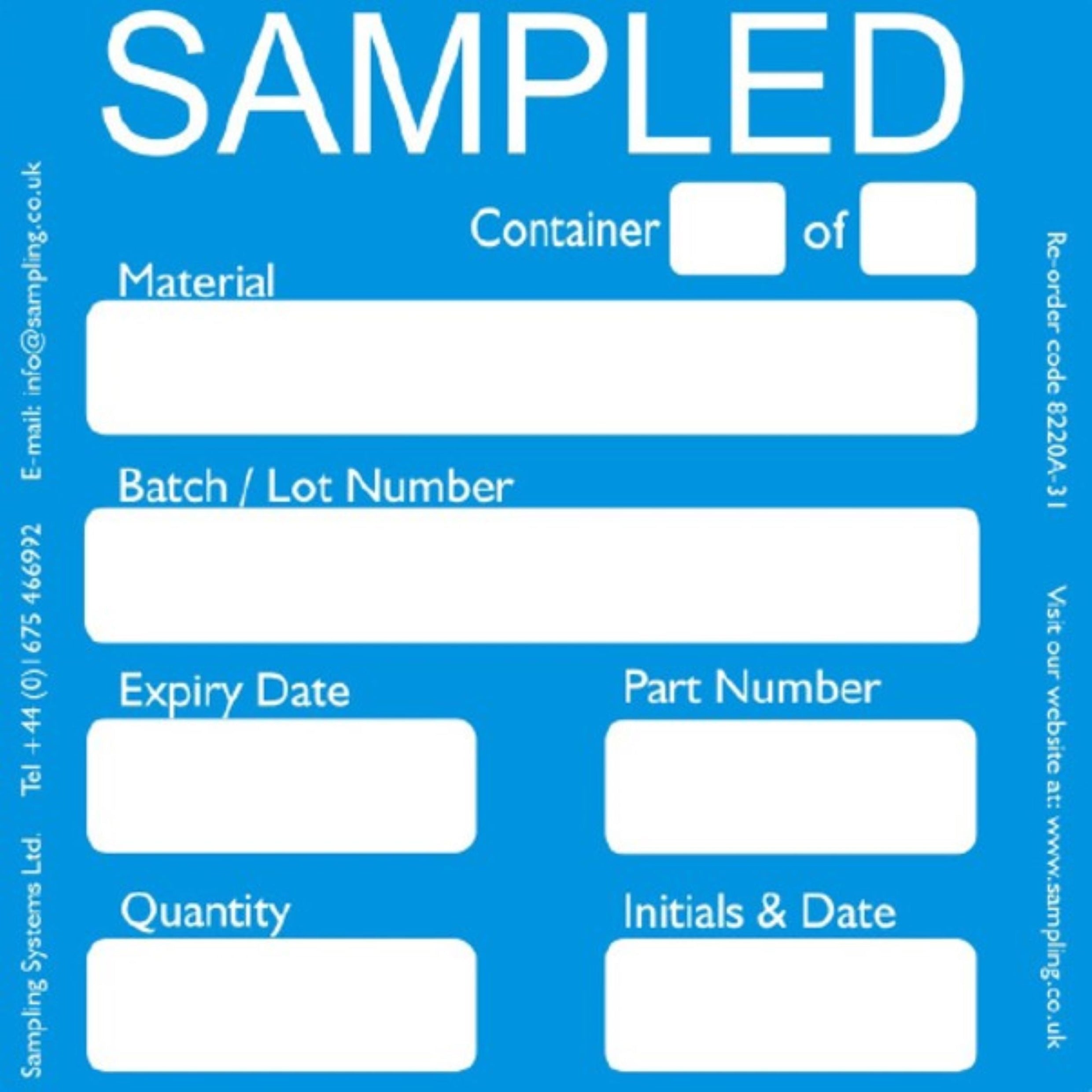 &lt;Blue square sampled label with white spaces to record container number, material, lot, expiry, part number,quantity, initials and date. Credit&gt; Sampling Systems Ltd