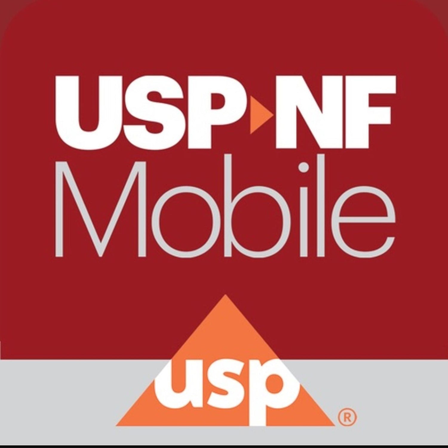 &lt;Orange red triangle logo of the United States Pharmacopeia with usp written inside in white,  on a burgundy red and white square with the words USP NF Mobile in white. Credit&gt; www.usp.org