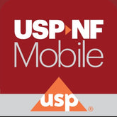 <Orange red triangle logo of the United States Pharmacopeia with usp written inside in white,  on a burgundy red and white square with the words USP NF Mobile in white. Credit> www.usp.org