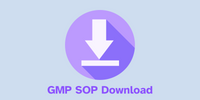 Light blue background with purple circle containing a white downward arrow to a horizontal white line representing downloads, with the company name GMP SOP Download underneath