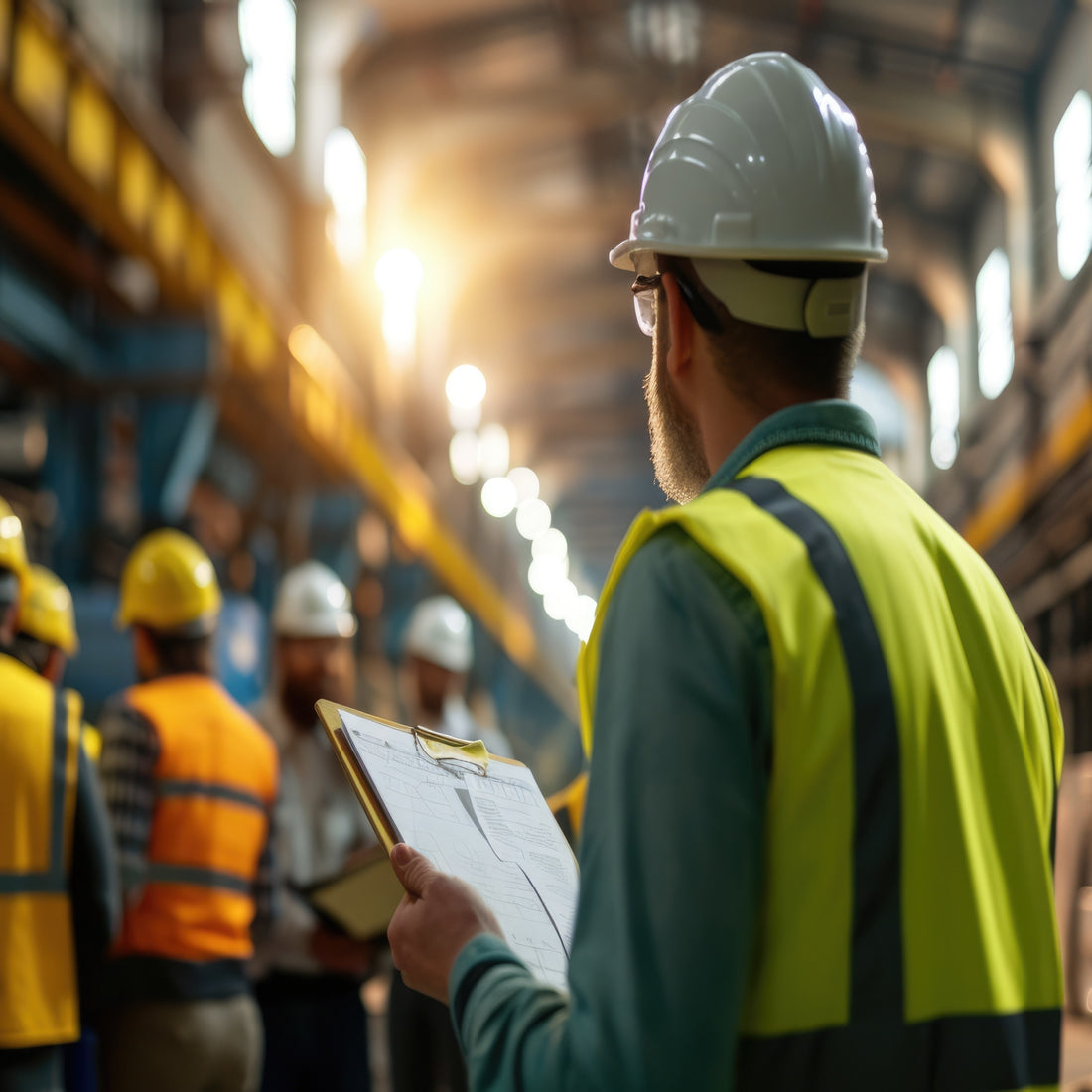 &lt;Male auditors with yellow fluorescent jacket, white hardhat and clipboard inspecting a warehouse for non conformances with team representatives. Credit&gt; 326294087 © BiancoBlue | Dreamstime.com