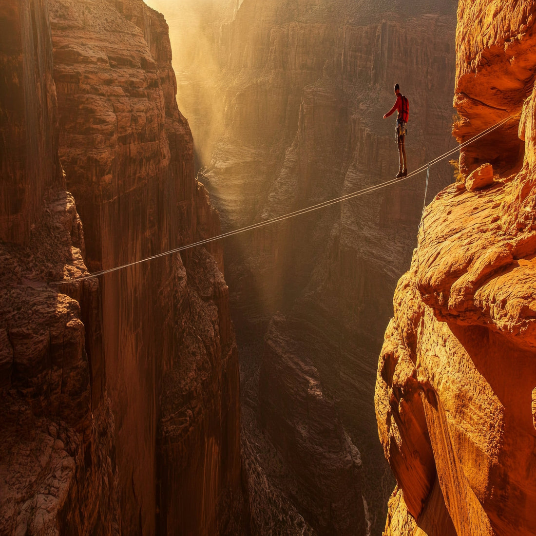 &lt;Male tightrope walker in red top taking a great risk crossing a rope between two sandstone cliffs of a river canyon with a huge drop below with the sun shining on one side. Credit&gt; 343576142 © Irina Ukrainets | Dreamstime.com