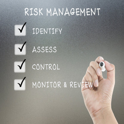 &lt;Hand with marker pen writing on frosted safety glass the four stages of Risk Management, identify, assess, control, and monitor or review with a tick in a box against each. Credit&gt; 52721976 © Tameek | Dreamstime.com