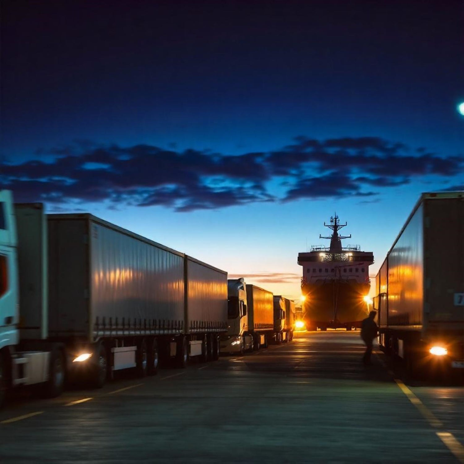 &lt;Lorries in a queue at a port at sunrise waiting to board a ferry  to continue their distribution of drug products. Credit&gt; Freepik