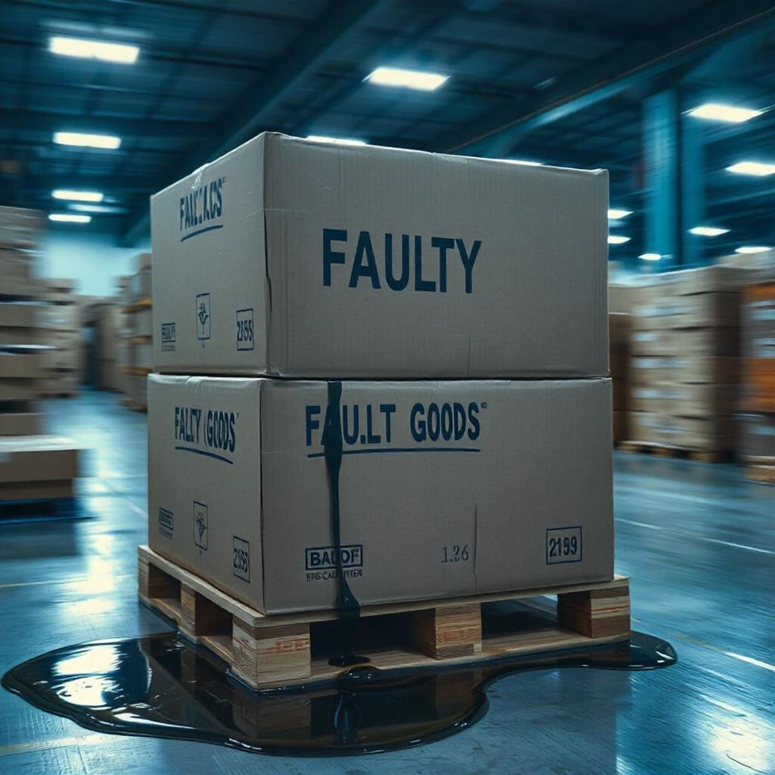 &lt;Two large cardboard boxes on a wooden pallet inside a warehouse marked Faulty with liquid leaking out of one of them onto the non slip floor. Credit&gt; Freepik