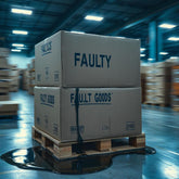 <Two large cardboard boxes on a wooden pallet inside a warehouse marked Faulty with liquid leaking out of one of them onto the non slip floor. Credit> Freepik