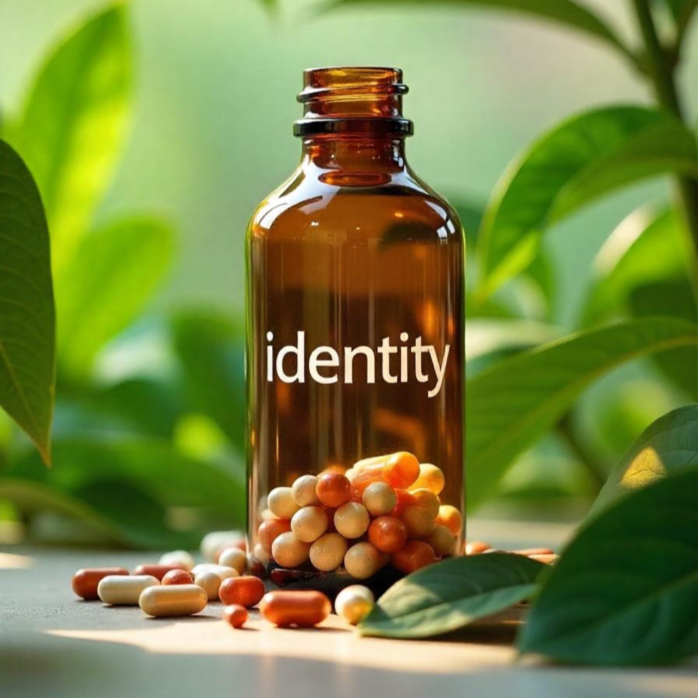 &lt;Shiny, brown, amber glass bottle on a white table, with the word identity written in white, a third full of white, gold and orange dietary supplement capsules, surrounded by tropical green leaves. Credit&gt; Freepik