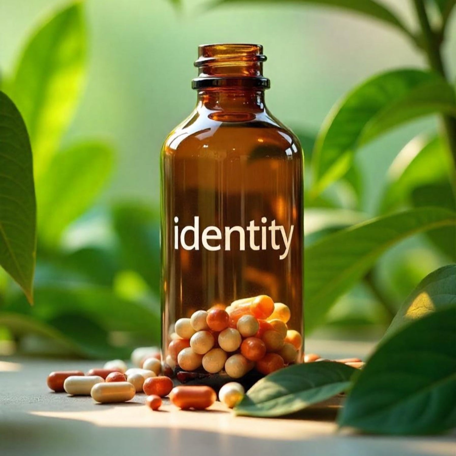 &lt;Capsules in an amber glass bottle, surrounded by tropical plants,  marked identity, one of the requirements of a dietary supplement master manufacturing record. Credit&gt; Freepik