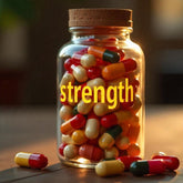 <Tall, clear glass jar, with cork cap, full of red, orange and yellow dietary supplement capsules, sitting on a wooden table, with blurred dark background, and the word strength written on it in yellow. Credit> Freepik