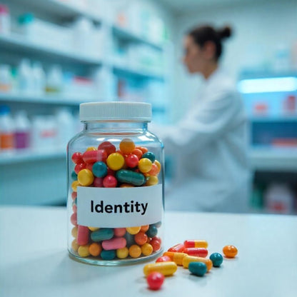 &lt;Bottle of capsules labelled Identity, one of the drug specification requirements, on a white table with a blurred pharmacy and pharmacist background. Credit&gt; Freepik