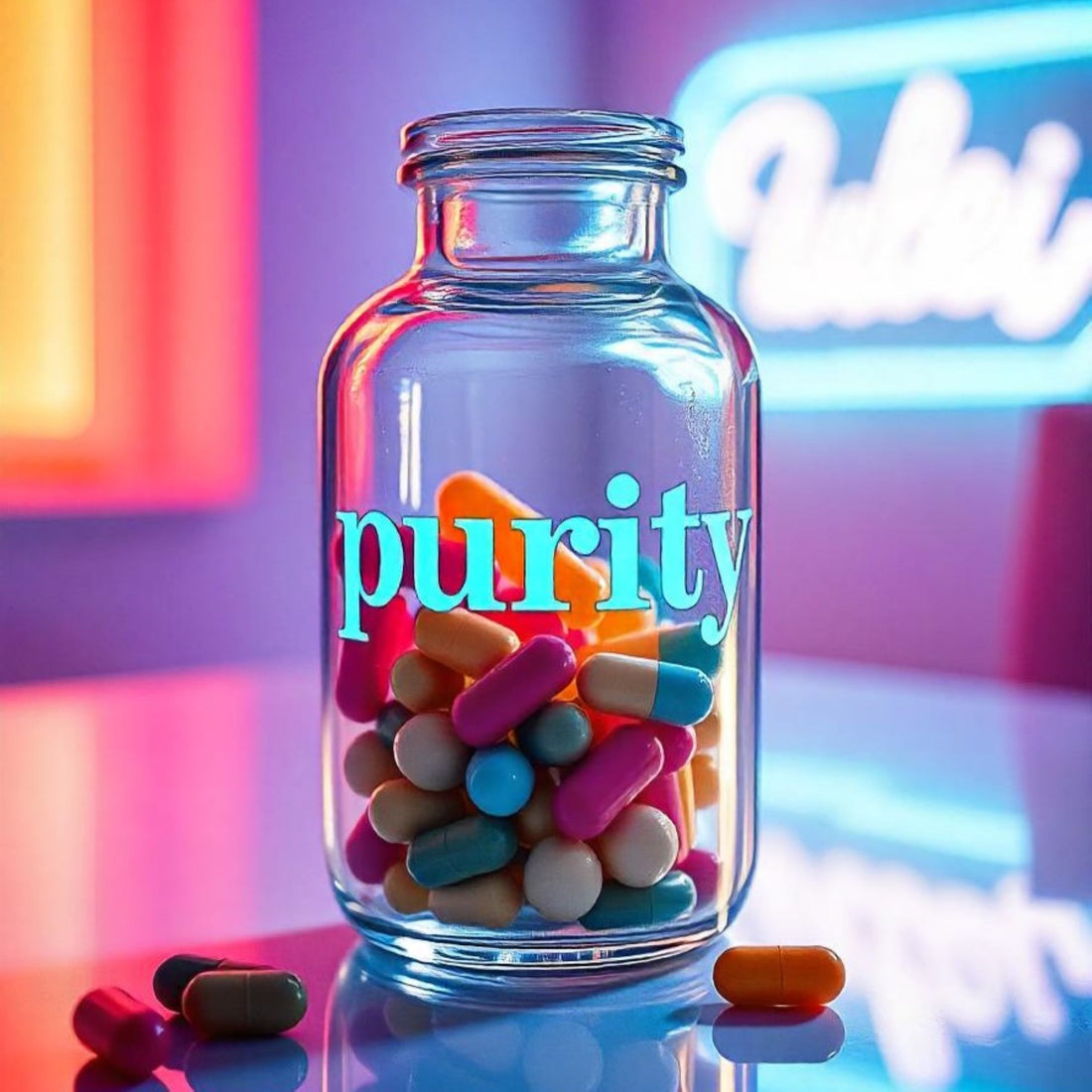 &lt;Shiny, clear glass bottle on a white table with a blurred background of neon signs and colours,  with the word purity written in blue, and half full of blue, pink and yellow dietary supplement capsules. Credit&gt; Freepik