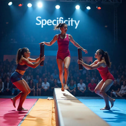 &quot;Representing Specificity, female gymnast in pink running along a beam above a foam mat with two competing gymnasts trying to knock her off with foam sticks, watched by a studio audience. Credit&gt; Freepik