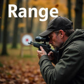 <Representing Range, a male hunter in a leafy autumn forest, wearing green jacket and cap, pointing a hunting rifle with sight scope at a furthest possible archery target. Credit> Freepik