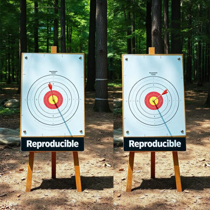 &lt;Representing Reproducibility, two identical red feather arrows have hit the middle 10 bullseyes of two archery targets stood side by side, drawn on paper with the word Reproducible pinned to wooden easels, in the stony, sunlit clearing of a green forest. Credit&gt; Freepik