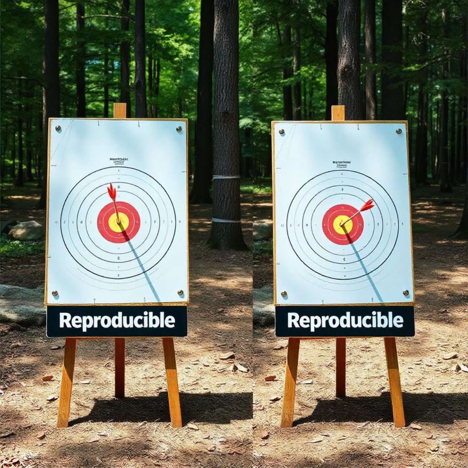 &lt;Two archery targets on wooden easels in a sunny, stony clearance in a forest, both with a red arrow in the middle ring bullseye representing Reproducibility. Credit&gt; Freepik