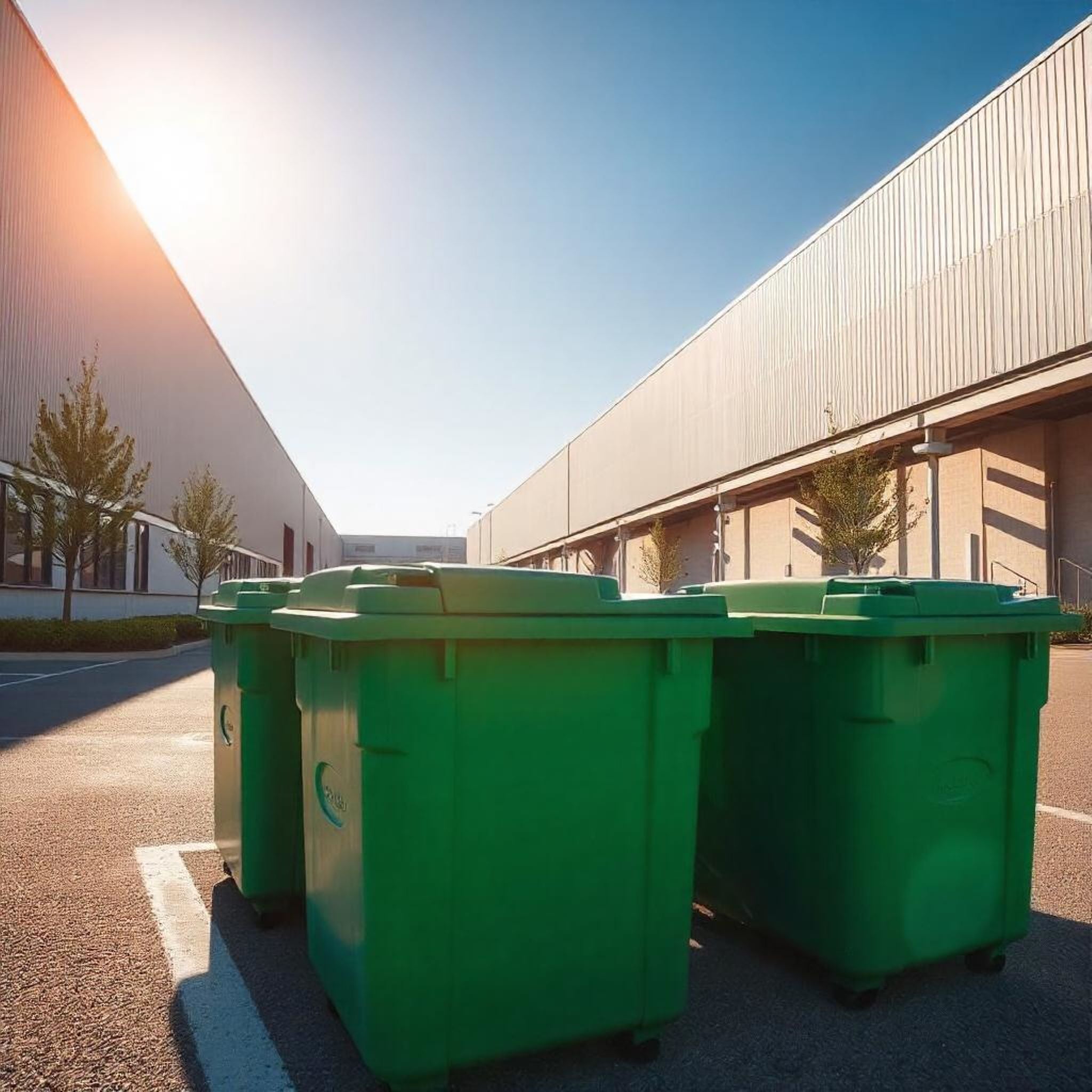 &lt;Four large green wheelie bins in early morning sunshine in a marked area of a tarmac yard between a production facility and warehouse of a dietary supplement company. Credit&gt; Freepik