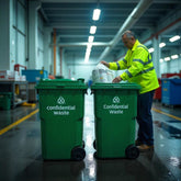 <Man wearing a fluorescent yellow jacket in the loading area of a warehouse with a wet tarmac floor putting a bag of waste printed labels into one of two green wheelie bins labelled with confidential waste. Credit> Freepik