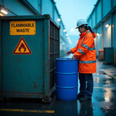 <Female employee wearing an orange fluorescent jacket and white hardhat stood outside in the rain, in a tarmac yard between two buildings, disposing of some flammable waste into a large metal drum taken from a locked cage. Credit> Freepik