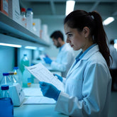 <Female QC Analyst stood in front of a grey laboratory worktop reading a specification for a dietary supplement she is preparing to test. Credit> Freepik