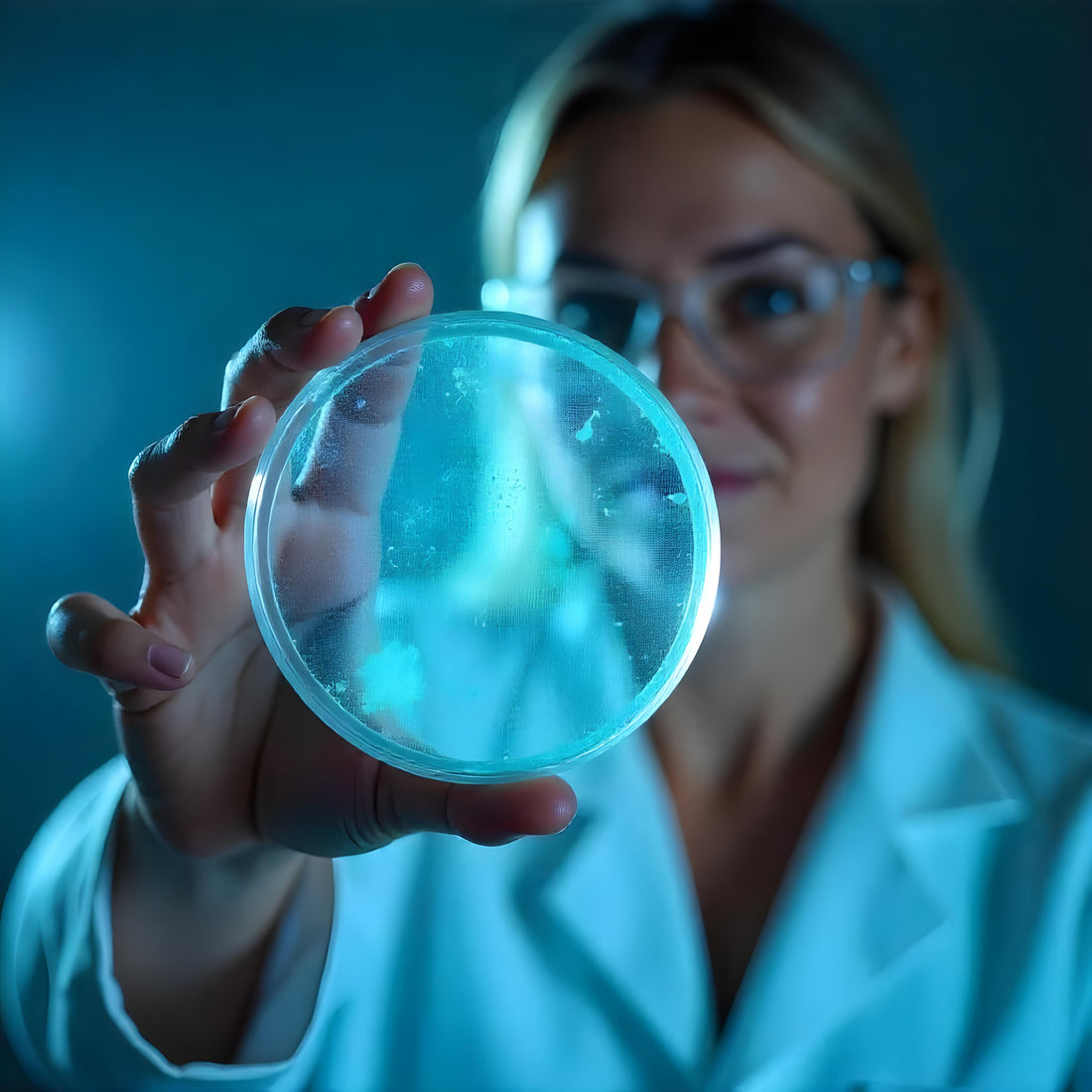 &lt;Female microbiologist wearing white labcoat and safety specs holding up a round agar plate to look for microbial growth, a dietary specification test requirement. Credit&gt; Freepik