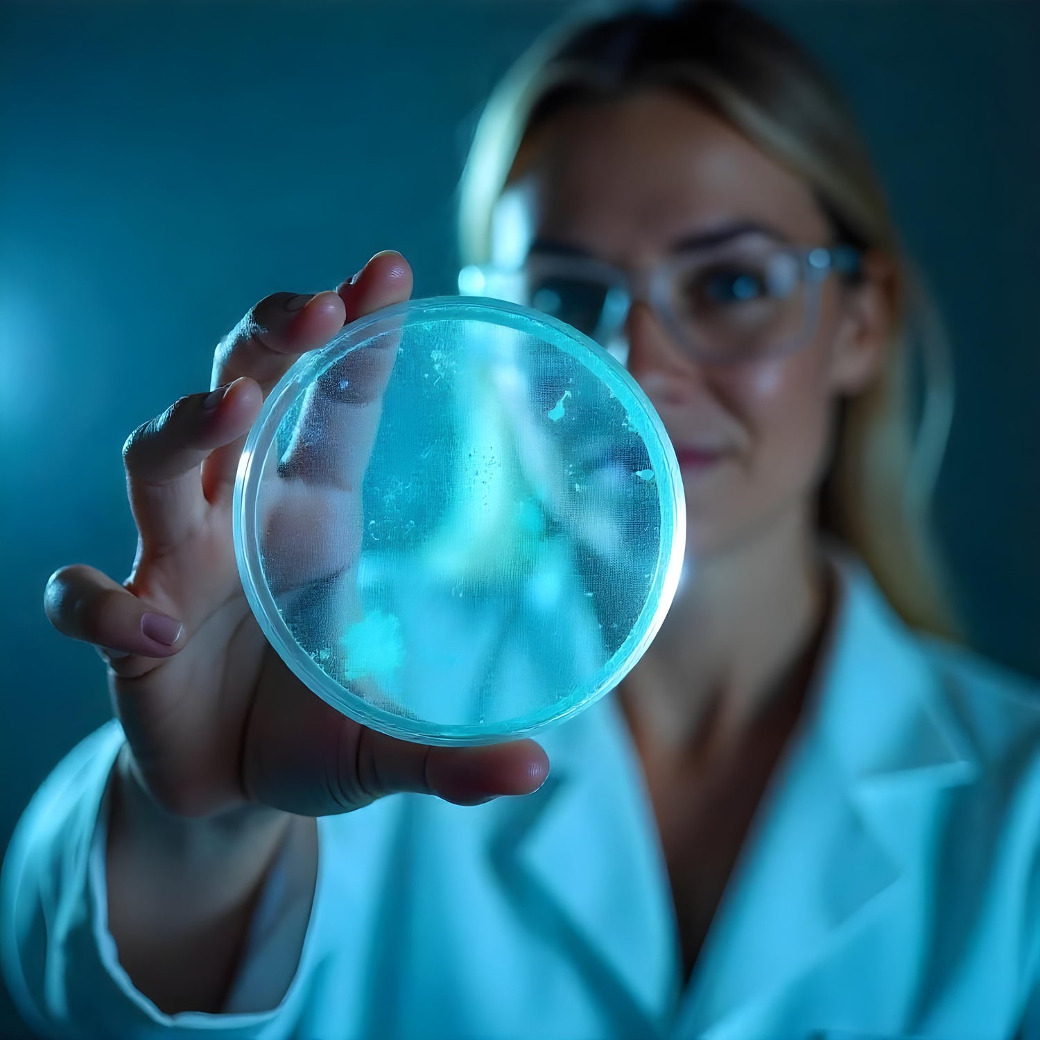 &lt;Female microbiologist holding up an agar plate to the light to check for colony growths, part of purity testing of drugs. Credit&gt; Freepik