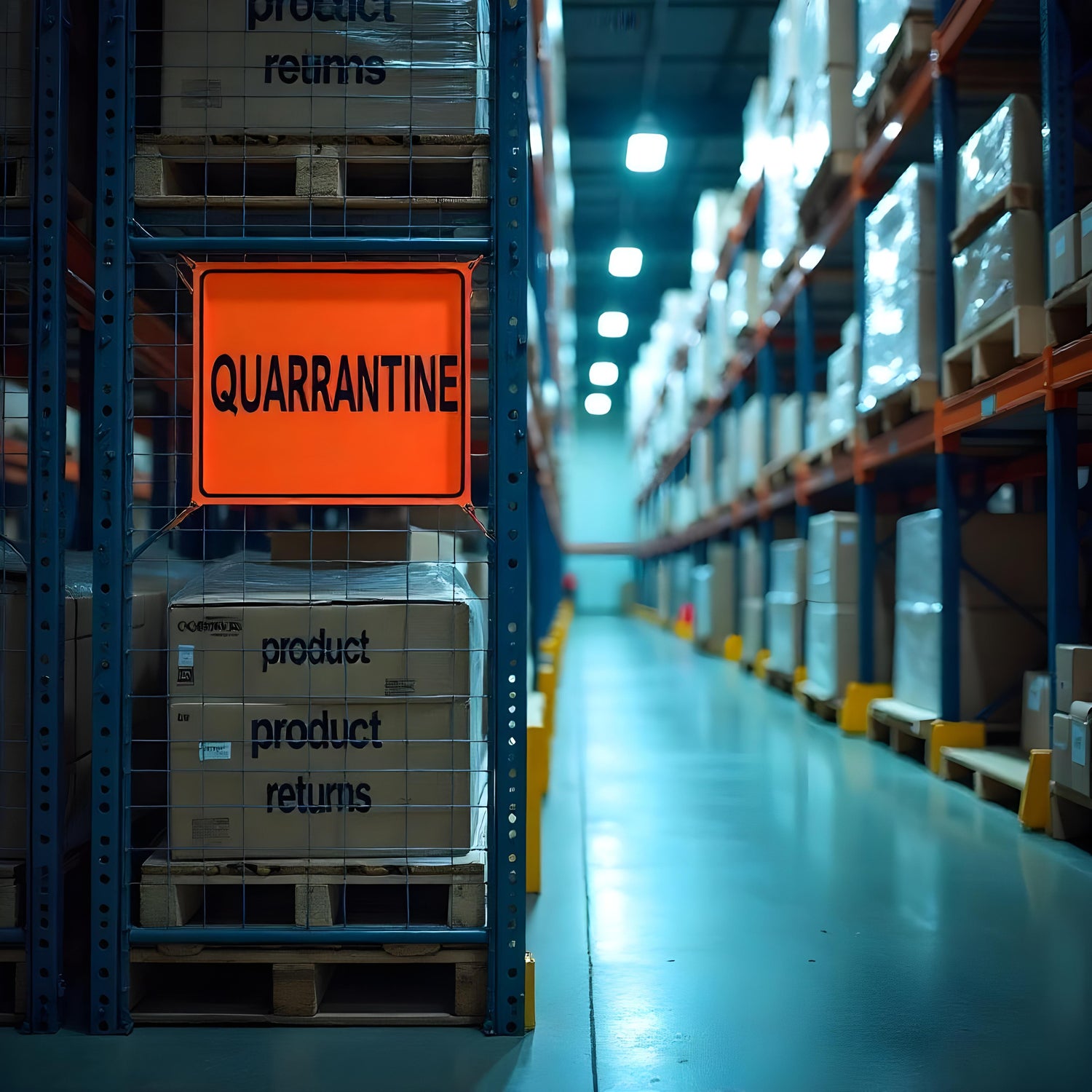 &lt;Quarantine area of a warehouse with product returns in a locked cage to avoid mix-ups with good product in the racking on the other side of the aisle. Credit&gt; Freepik