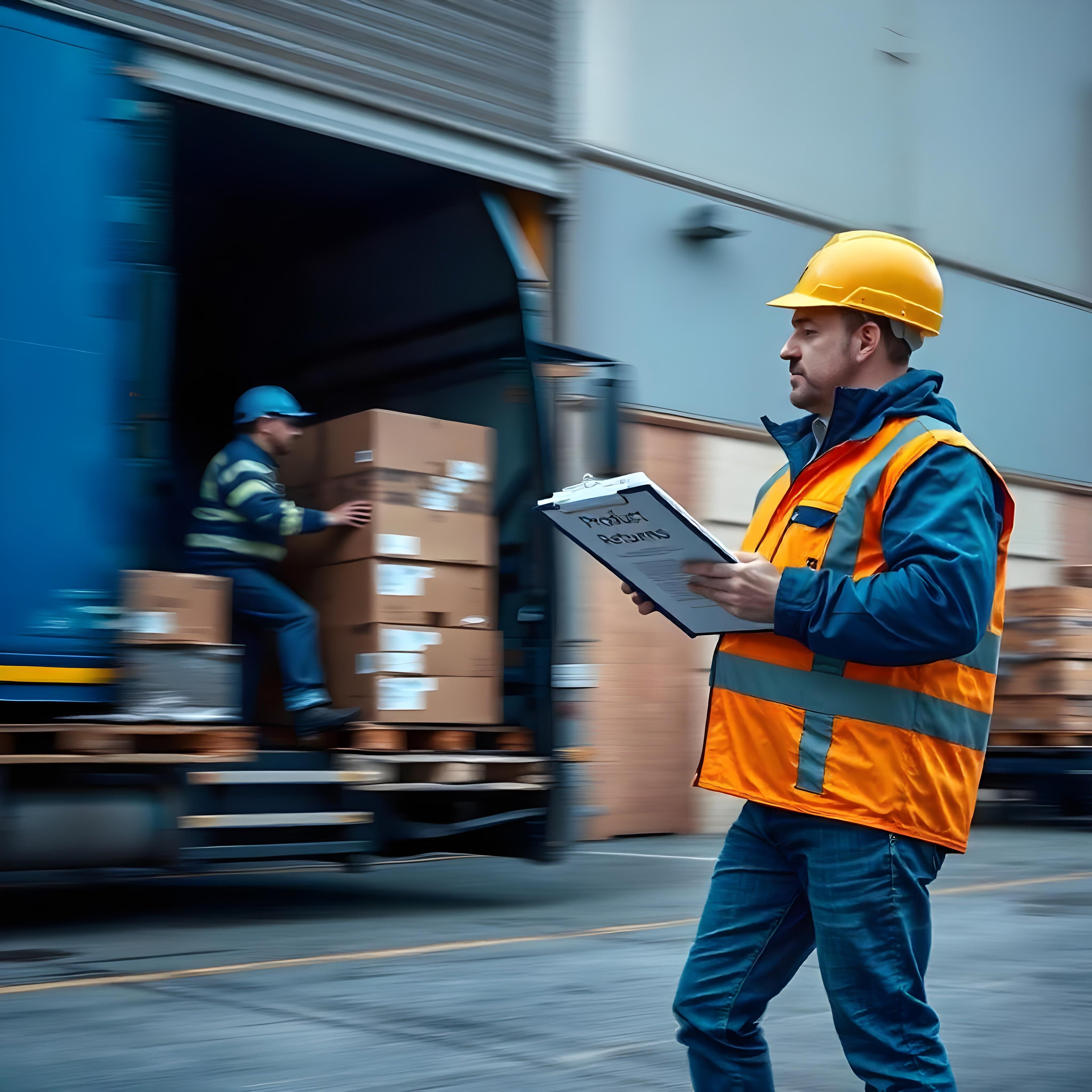 &lt;Male warehouse operator outside in the yard wearing fluorescent orange jacket and hardhat recording product returns from a lorry on a clipboard. Credit&gt; Freepik