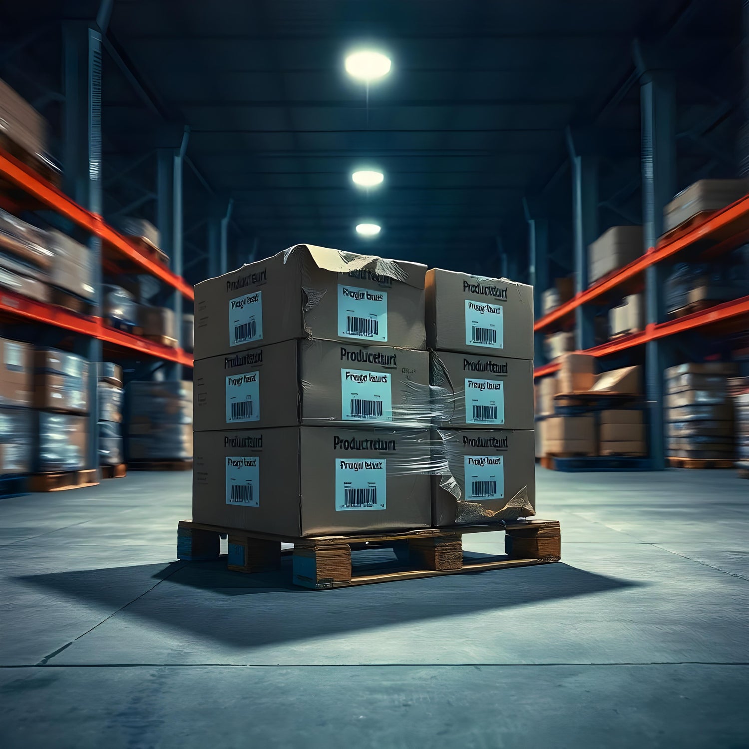 &lt;Wooden pallet, in the aisle of a warehouse with orange racking, with six cardboard boxes on it marked product returns, one of them damaged. Credit&gt; Freepik