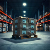 <Wooden pallet, in the aisle of a warehouse with orange racking, with six cardboard boxes on it marked product returns, one of them damaged. Credit> Freepik