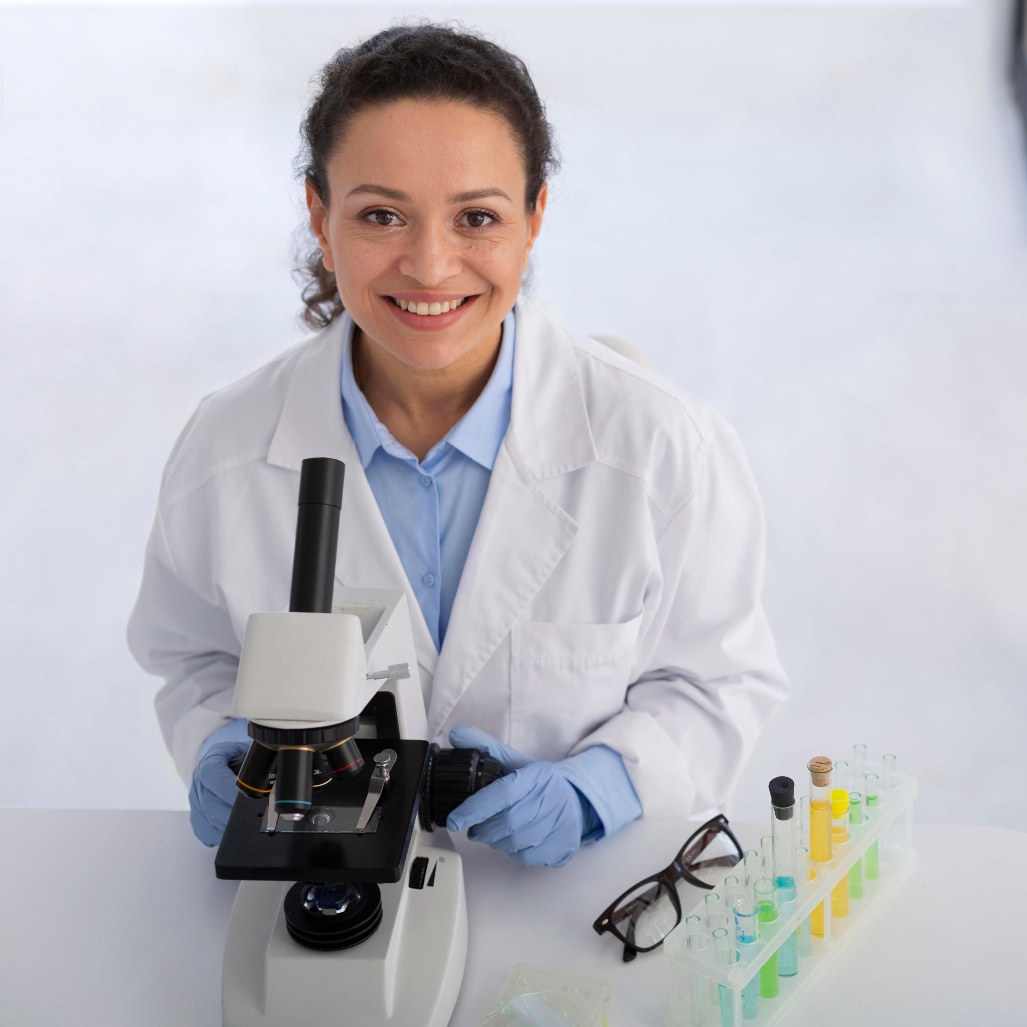 &lt;Smily female microbiologist, wearing a white labcoat and blue gloves stood next to a microscope and a row of samples in a test tube rack. Credit&gt; Freepik